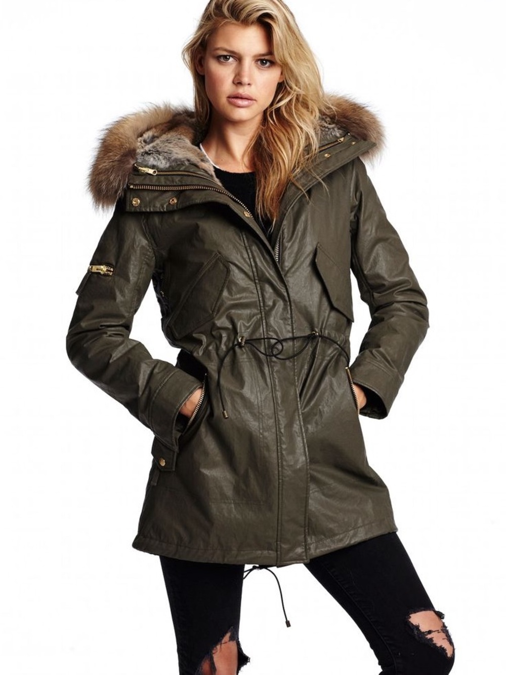 SAM Tribeca Olive Green Convertible fur lined coat Parka